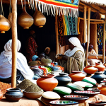 A vibrant open-air market scene in Niger, with a diverse crowd of people engaging in daily commerce. Stalls overflow with colorful traditional fabrics, intricate silver Touareg jewelry, handcrafted pottery, and richly textured leather goods. A friendly artisan is visible, showcasing a beautifully carved wooden calabash, while customers browse through a display of aromatic spices. The atmosphere is bustling and lively, filled with natural light. Subjects are fully clothed in modest, traditional West African attire.