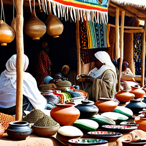 A vibrant open-air market scene in Niger, with a diverse crowd of people engaging in daily commerce. Stalls overflow with colorful traditional fabrics, intricate silver Touareg jewelry, handcrafted pottery, and richly textured leather goods. A friendly artisan is visible, showcasing a beautifully carved wooden calabash, while customers browse through a display of aromatic spices. The atmosphere is bustling and lively, filled with natural light. Subjects are fully clothed in modest, traditional West African attire.