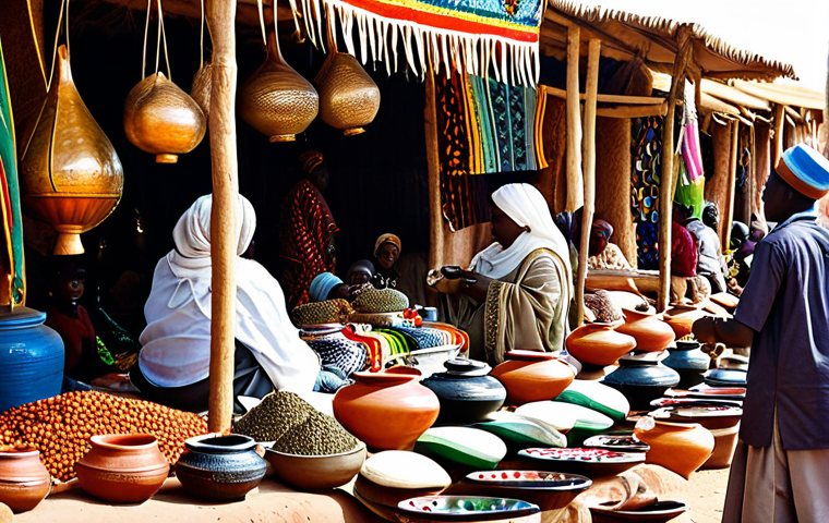 A vibrant open-air market scene in Niger, with a diverse crowd of people engaging in daily commerce. Stalls overflow with colorful traditional fabrics, intricate silver Touareg jewelry, handcrafted pottery, and richly textured leather goods. A friendly artisan is visible, showcasing a beautifully carved wooden calabash, while customers browse through a display of aromatic spices. The atmosphere is bustling and lively, filled with natural light. Subjects are fully clothed in modest, traditional West African attire.
