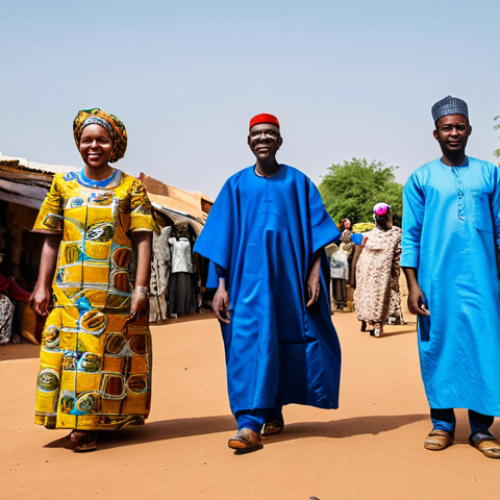 A group of diverse Nigerien citizens, men and women of various ages, fully clothed in modest, traditional West African attire, engaged in daily community activities in a bustling, vibrant market square in Niamey, Niger. The scene highlights their resilience and dignity amidst the challenges of everyday life. The background shows modest local architecture and distant arid landscapes under a clear sky, conveying a sense of hope and community spirit. safe for work, appropriate content, fully clothed, family-friendly, perfect anatomy, correct proportions, natural pose, well-formed hands, proper finger count, natural body proportions, professional photography, high quality, studio lighting.