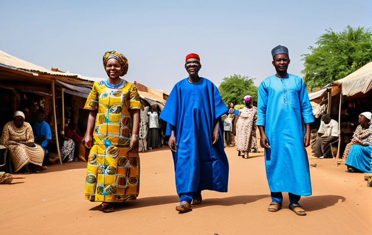A group of diverse Nigerien citizens, men and women of various ages, fully clothed in modest, traditional West African attire, engaged in daily community activities in a bustling, vibrant market square in Niamey, Niger. The scene highlights their resilience and dignity amidst the challenges of everyday life. The background shows modest local architecture and distant arid landscapes under a clear sky, conveying a sense of hope and community spirit. safe for work, appropriate content, fully clothed, family-friendly, perfect anatomy, correct proportions, natural pose, well-formed hands, proper finger count, natural body proportions, professional photography, high quality, studio lighting.