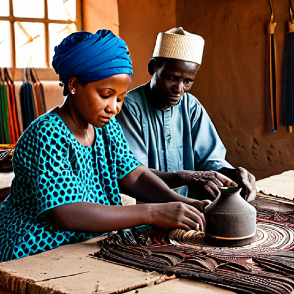 Artisan Cooperative in Niger**

"A group of Nigerien artisans, fully clothed in traditional, modest attire, working together in a bustling workshop. Focus on intricate leatherwork and metal crafts. Background shows colorful textiles and wooden carvings. Natural light, perfect anatomy, well-formed hands, correct proportions, family-friendly, appropriate content, safe for work, professional setting."

**