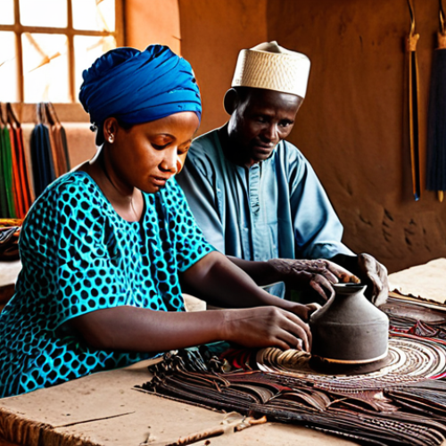 Artisan Cooperative in Niger**

"A group of Nigerien artisans, fully clothed in traditional, modest attire, working together in a bustling workshop. Focus on intricate leatherwork and metal crafts. Background shows colorful textiles and wooden carvings. Natural light, perfect anatomy, well-formed hands, correct proportions, family-friendly, appropriate content, safe for work, professional setting."

**