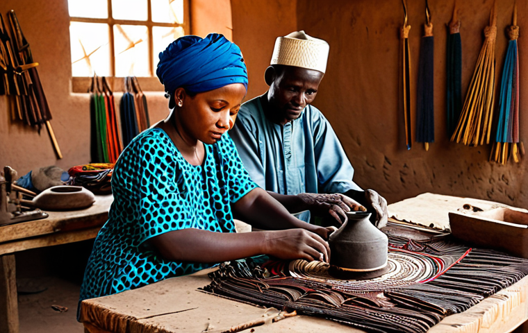 Artisan Cooperative in Niger**

"A group of Nigerien artisans, fully clothed in traditional, modest attire, working together in a bustling workshop. Focus on intricate leatherwork and metal crafts. Background shows colorful textiles and wooden carvings. Natural light, perfect anatomy, well-formed hands, correct proportions, family-friendly, appropriate content, safe for work, professional setting."

**