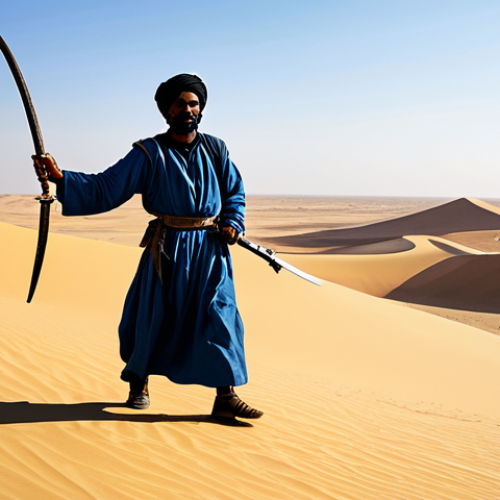 **Prompt:** A historical scene depicting Firhoun, a Tuareg chief, leading a resistance against colonial forces in the Niger desert. He is fully clothed in traditional Tuareg attire, wielding a sword. The scene should evoke courage and determination. Background: vast desert landscape with sand dunes and a clear blue sky. Style: realistic painting, dramatic lighting, safe for work, appropriate content, fully clothed, professional, perfect anatomy, correct proportions, natural pose, well-formed hands, proper finger count, natural body proportions.