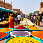 Niamey Market Scene**

"A vibrant and bustling marketplace in Niamey, Niger. Focus on the colorful textiles, local crafts, and fresh produce. People are fully clothed in modest, traditional West African attire, interacting and selling goods. Background includes market stalls and architecture typical of Niamey. safe for work, appropriate content, family-friendly, perfect anatomy, correct proportions, natural pose, high quality, professional photography."

**
