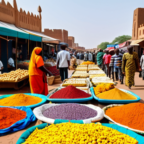 Niamey Market Scene**

"A vibrant and bustling marketplace in Niamey, Niger. Focus on the colorful textiles, local crafts, and fresh produce. People are fully clothed in modest, traditional West African attire, interacting and selling goods. Background includes market stalls and architecture typical of Niamey. safe for work, appropriate content, family-friendly, perfect anatomy, correct proportions, natural pose, high quality, professional photography."

**