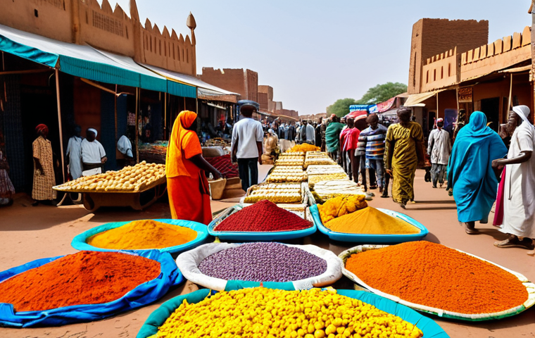 Niamey Market Scene**

"A vibrant and bustling marketplace in Niamey, Niger. Focus on the colorful textiles, local crafts, and fresh produce. People are fully clothed in modest, traditional West African attire, interacting and selling goods. Background includes market stalls and architecture typical of Niamey. safe for work, appropriate content, family-friendly, perfect anatomy, correct proportions, natural pose, high quality, professional photography."

**