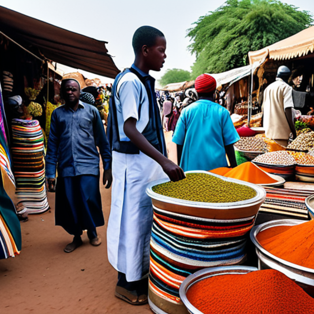 니제르 추천 여행 코스 - **Niamey Marketplace:** "A bustling marketplace in Niamey, Niger, filled with vendors selling colorf...