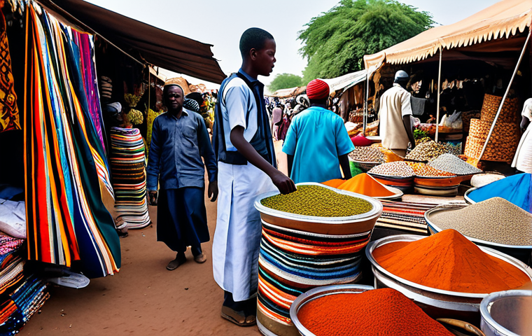 니제르 추천 여행 코스 - **Niamey Marketplace:** "A bustling marketplace in Niamey, Niger, filled with vendors selling colorf...
