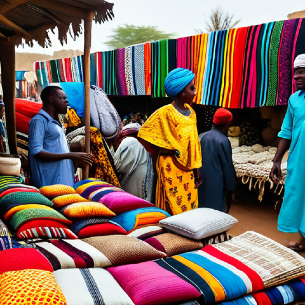 니제르에서 유명한 마켓 및 쇼핑 - **A bustling Nigerien marketplace scene**. Focus on vibrant fabrics and handcrafted goods. People in...