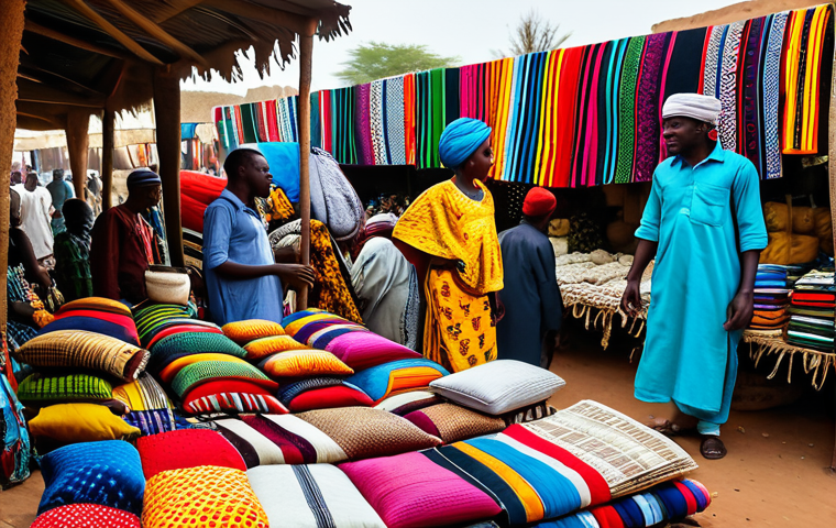니제르에서 유명한 마켓 및 쇼핑 - **A bustling Nigerien marketplace scene**. Focus on vibrant fabrics and handcrafted goods. People in...