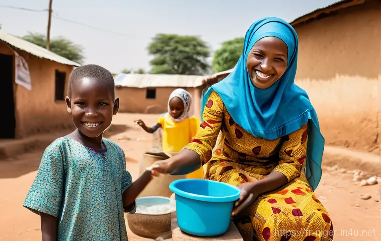 니제르 의료 환경 및 건강 팁 - **Prompt:** A heartwarming scene in a rural Nigerien village. A female community health worker, dres...