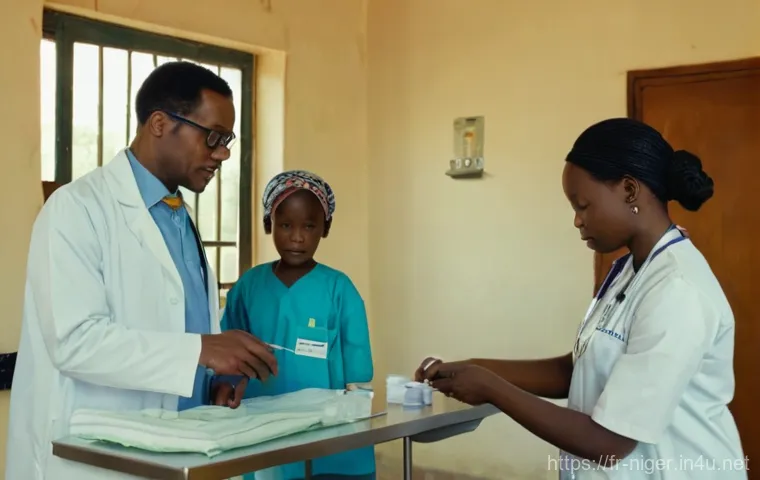니제르 의료 환경 및 건강 팁 - **Prompt:** A heartwarming scene in a rural Nigerien village. A female community health worker, dres...