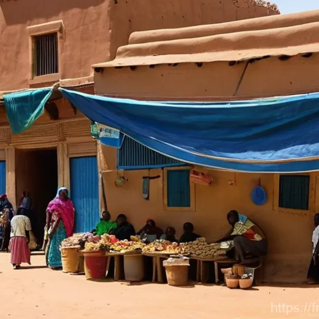 니제르에서 주택 가격 및 부동산 시장 - **A Vibrant Market in Agadez:** A bustling, sunlit market square in Agadez, Niger. The scene is fill...