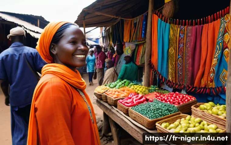 니제르 여행 중 스캠 및 사기 주의 - **Polite Refusal in a Bustling Market:** A vibrant, high-angle shot of a bustling West African marke...