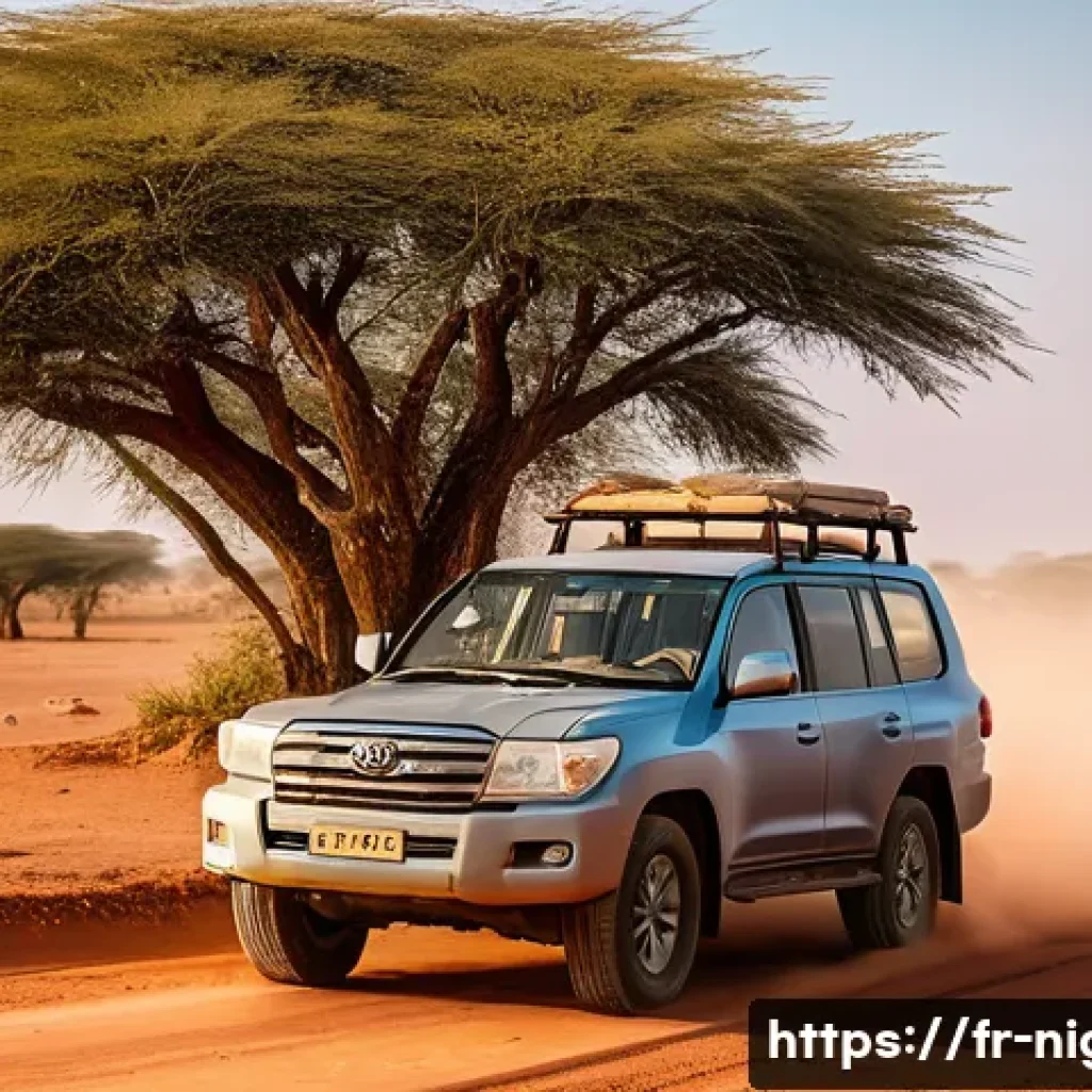 니제르에서 자동차 운전 시 유의점 - **A sturdy 4x4 on a Nigerien desert road at sunrise.**
    A robust Toyota Land Cruiser 4x4, well-ma...