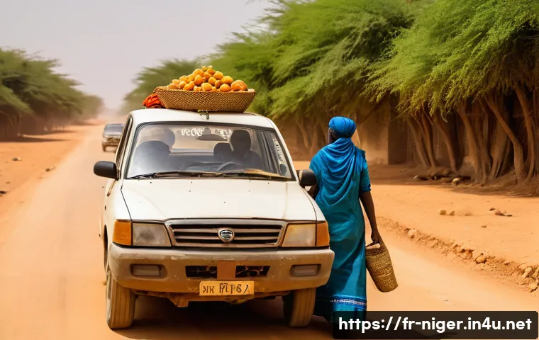 니제르 버스 및 대중교통 이용법 - **Prompt: Nigerien Taxi-Brousse Adventure**
    An authentic, vibrant scene of a crowded taxi-brouss...
