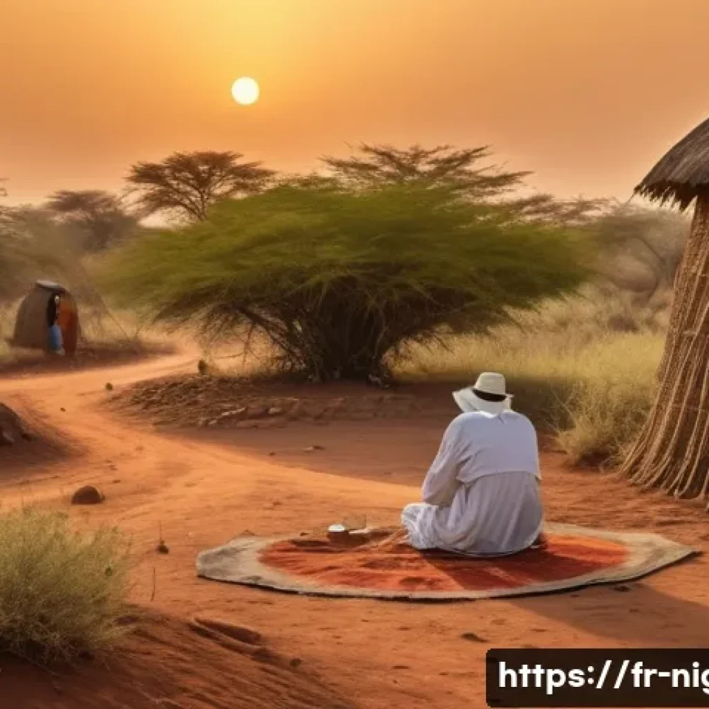 니제르에서 주의해야 할 질병과 백신 - A detailed scene of a traveler in Niger’s rural landscape at sunset, wearing long-sleeved light clot...