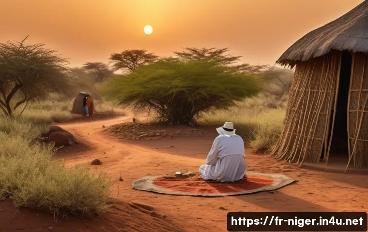 니제르에서 주의해야 할 질병과 백신 - A detailed scene of a traveler in Niger&rsquo;s rural landscape at sunset, wearing long-sleeved light clot...