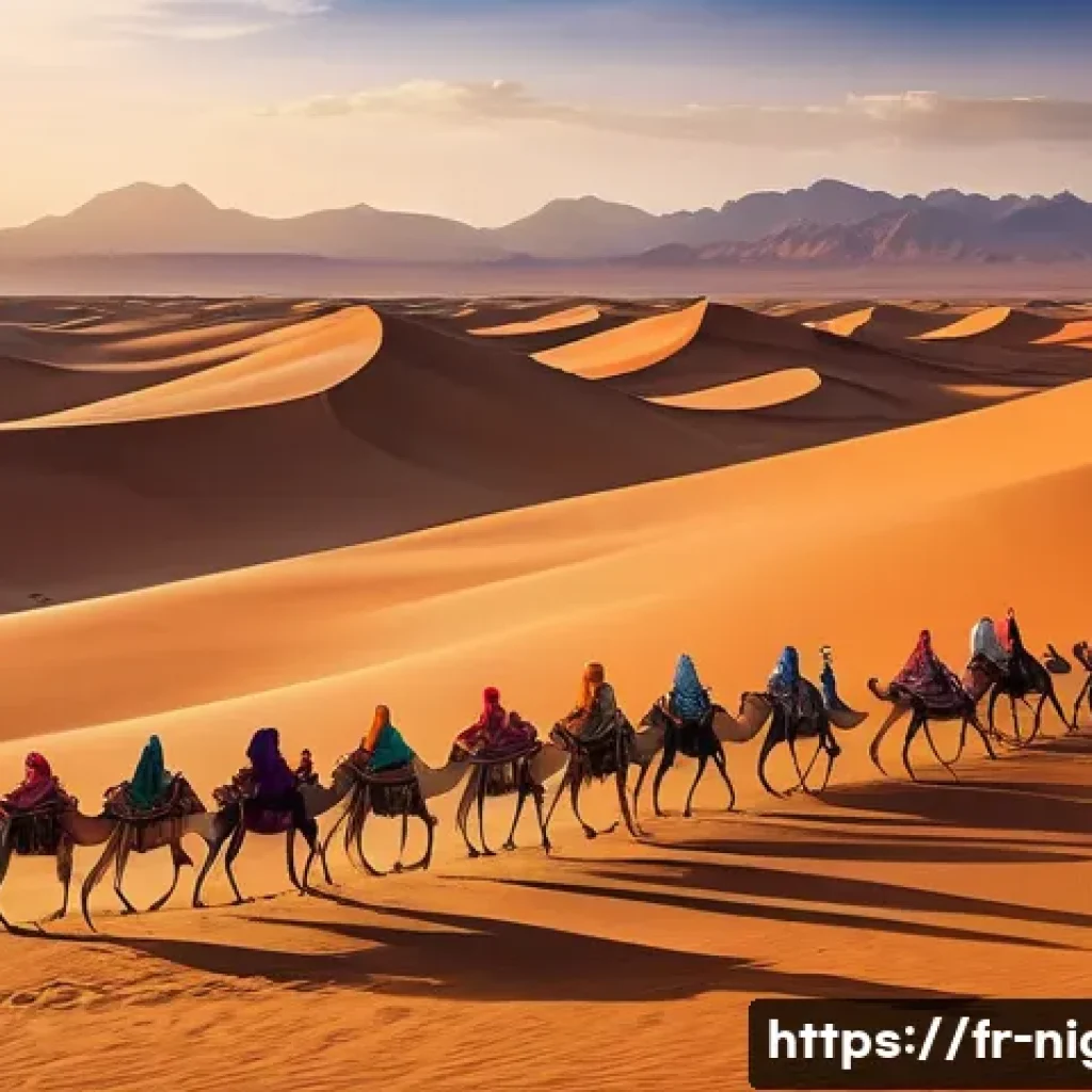 니제르에서 가장 유명한 관광 명소 - A panoramic view of the A&iuml;r Mountains desert landscape at sunset, featuring vast golden sand dunes, ...