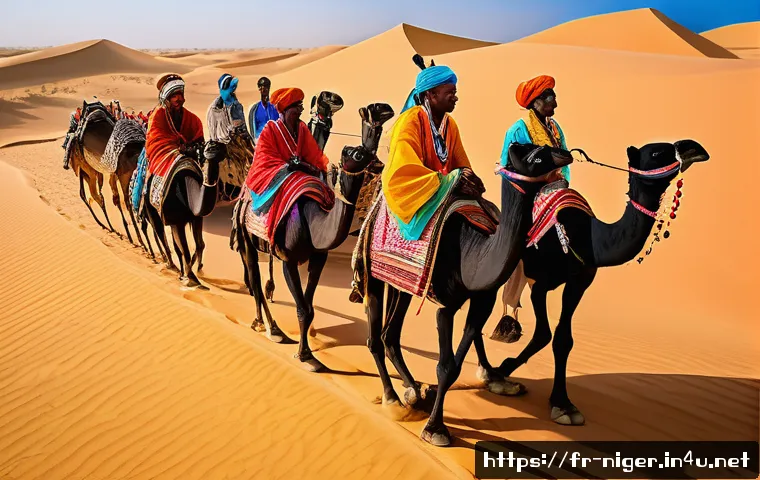 니제르 민속 축제 일정 - A vibrant scene from the Cure Sal&eacute;e Festival in Agadez, showcasing nomadic Tuareg and Peul dancers c...