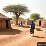 Home 20 니제르에서 전쟁 및 내전 역사 - A detailed scene of a rural Nigerien village under the harsh sun, showing local farmers and herders ...