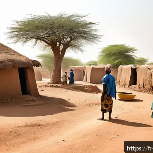 Home 32 니제르에서 전쟁 및 내전 역사 - A detailed scene of a rural Nigerien village under the harsh sun, showing local farmers and herders ...