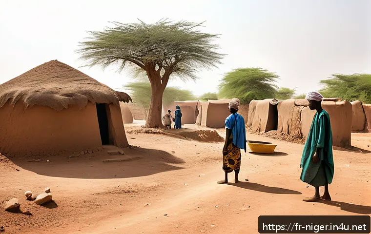 니제르에서 전쟁 및 내전 역사 - A detailed scene of a rural Nigerien village under the harsh sun, showing local farmers and herders ...