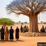 Home 19 니제르의 주요 정치 이슈 - A detailed scene depicting a diverse group of Nigerien ethnic communities—Hausa, Zarma, and Tuareg—e...