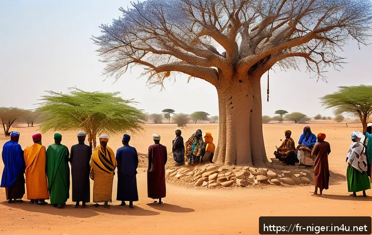 니제르의 주요 정치 이슈 - A detailed scene depicting a diverse group of Nigerien ethnic communities&mdash;Hausa, Zarma, and Tuareg&mdash;e...