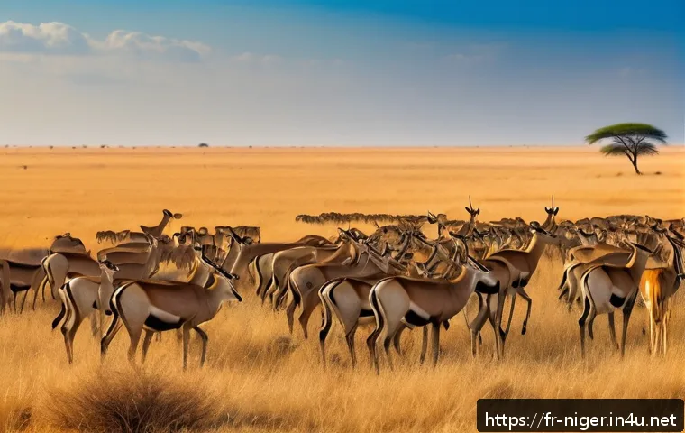 니제르 야생동물 관찰 - A vast Niger savanna landscape under a bright blue sky, featuring a herd of graceful gazelles and an...