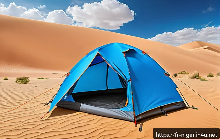 니제르 사막 캠핑 팁 - A durable desert camping scene featuring a sturdy, wind-resistant tent pitched behind a sand dune un...