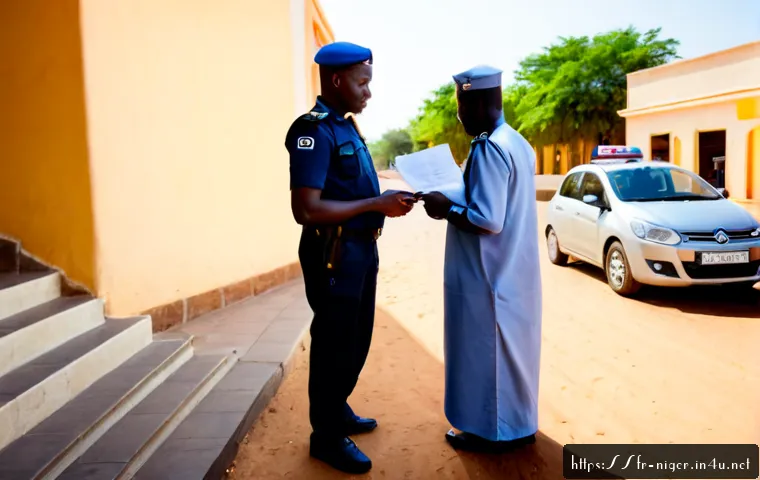 Home 17 니제르 치안과 위험 요소 - Photorealistic travel safety scene in Niamey, Niger: a calm daytime street near a modern hotel entra...