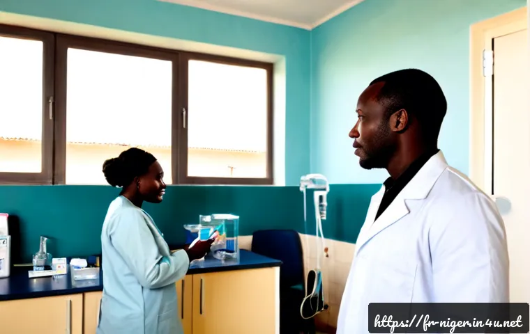 Home 30 니제르의 의료 수준 및 병원 시설 - Photorealistic interior of a modern public hospital in Niamey, Niger, showing a clean outpatient con...