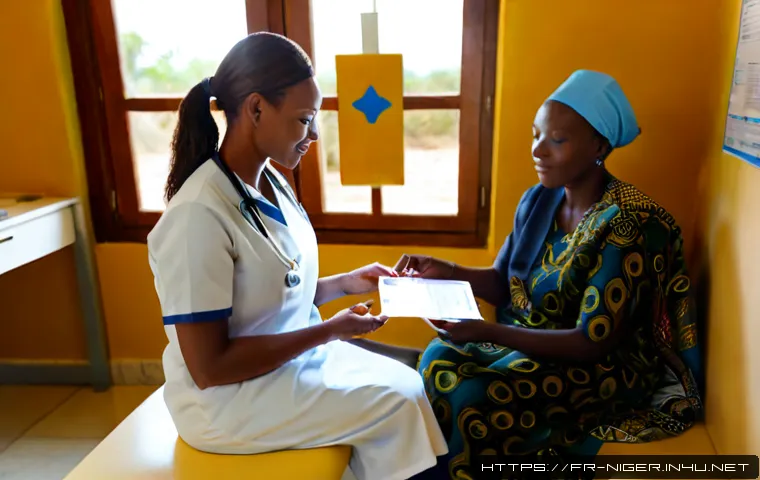 Home 17 니제르에서 필요한 예방접종 - Photorealistic travel vaccination consultation for Niger, French-speaking adult traveler seated with...